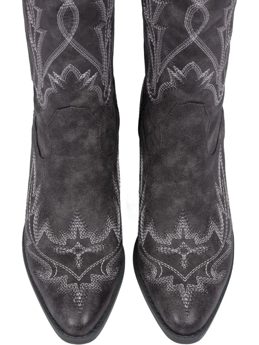 Women's Black High Thigh Embroidered Western Pointed Toe Chunky High Heel Boots